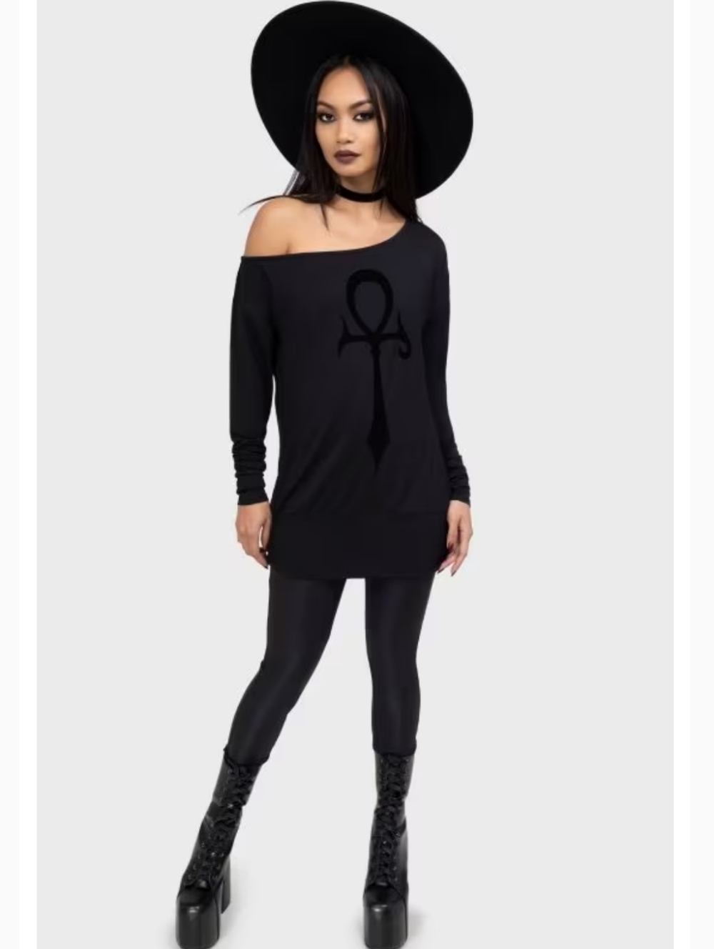 Killstar Black Off-Shoulder Ankh Long Sleeve Top - Picture 5 of 6
